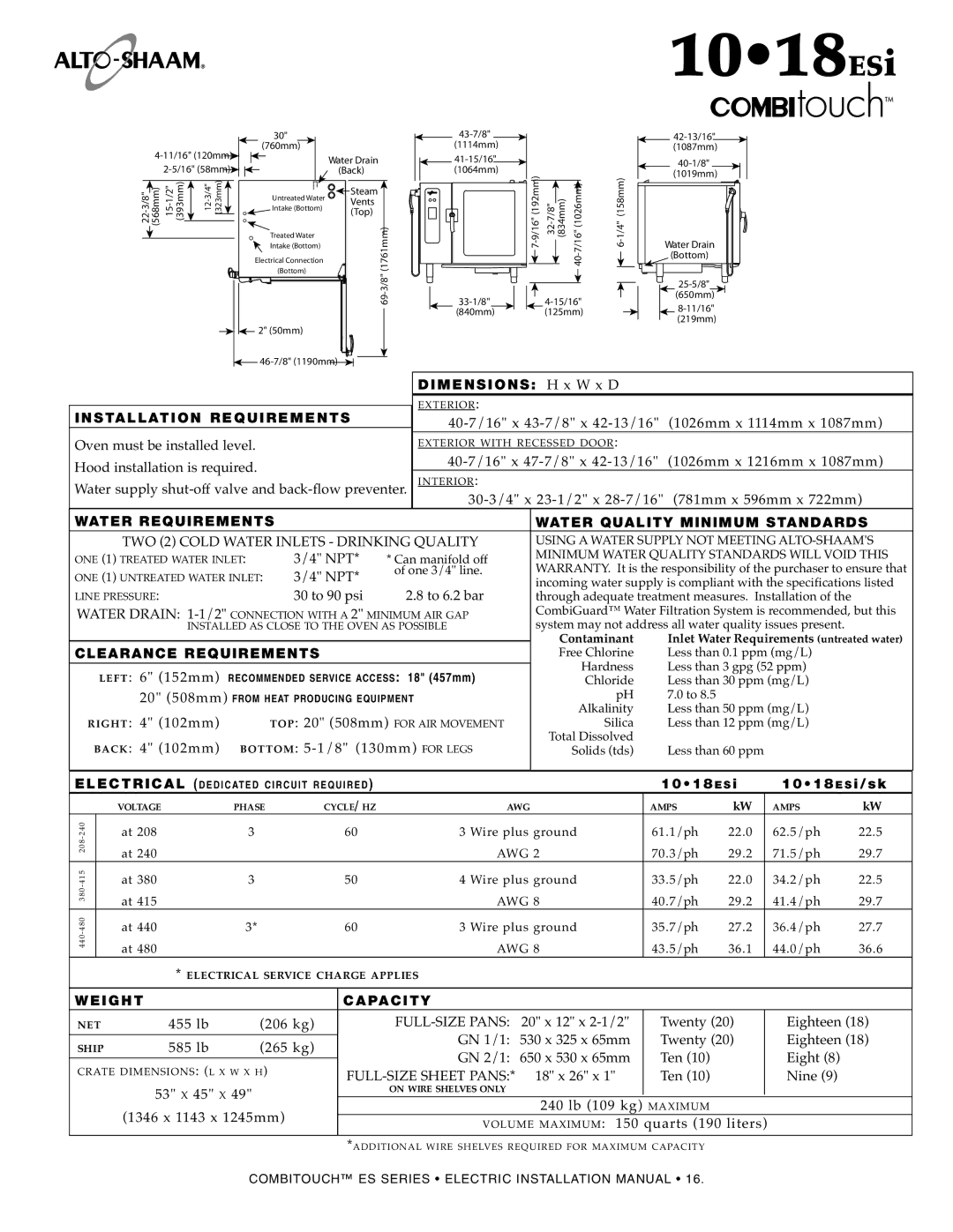 Alto-Shaam MN-29245 manual 1018ESi, 1018 ES 101 8 E S i/sk, Weight CAP ACI TY 