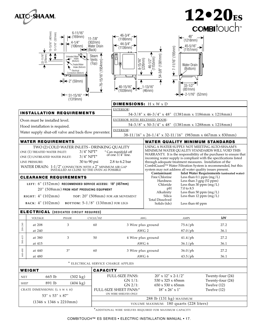 Alto-Shaam MN-29245 manual 1220ES, INS TA LL AT ION Requirem Ents Oven must be installed level 