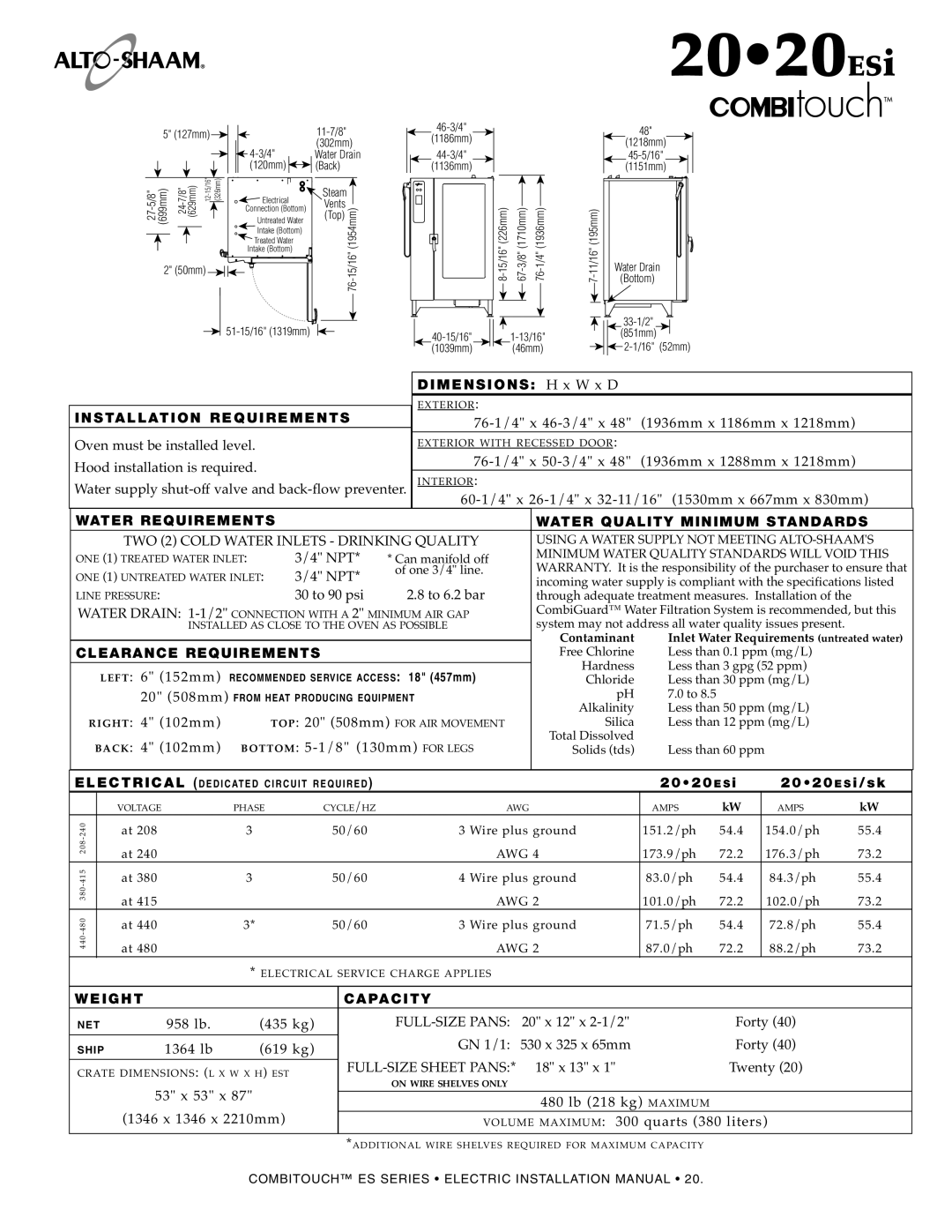 Alto-Shaam MN-29245 manual 2020ESi, 202 0 E S 20 20 E S i/sk 