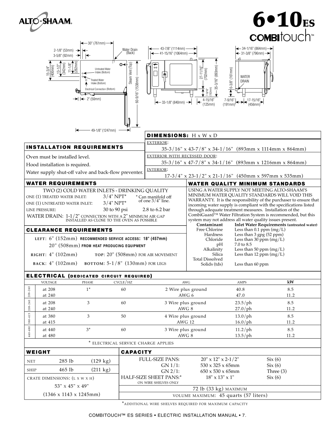 Alto-Shaam MN-29245 manual 610ES, DIM ENS Ions H x W x D, EL Ectrica, WE Ight, Capa CIT Y 