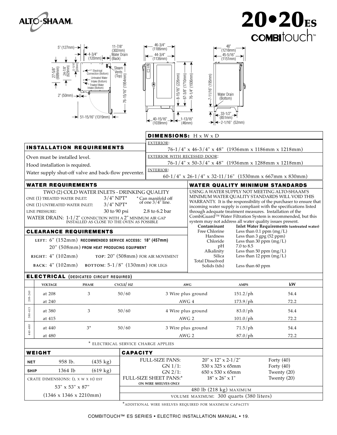Alto-Shaam MN-29245 manual 2020ES, INS TA LL AT ION REQUIREM ENTS Oven must be installed level, DIM ENS IONS H x W x D 