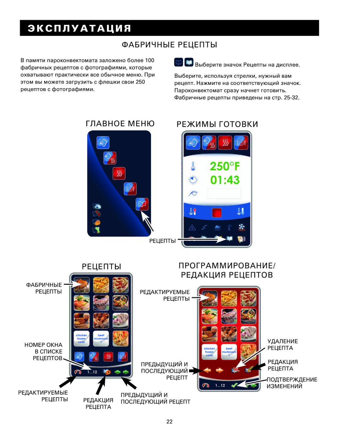 Alto-Shaam MN-29249RU manual Фабричные Рецепты, Главное Меню Режимы Готовки, РЕЦЕПТЫПРОГРАММИРОВАНИЕ/ Редакция Рецептов 