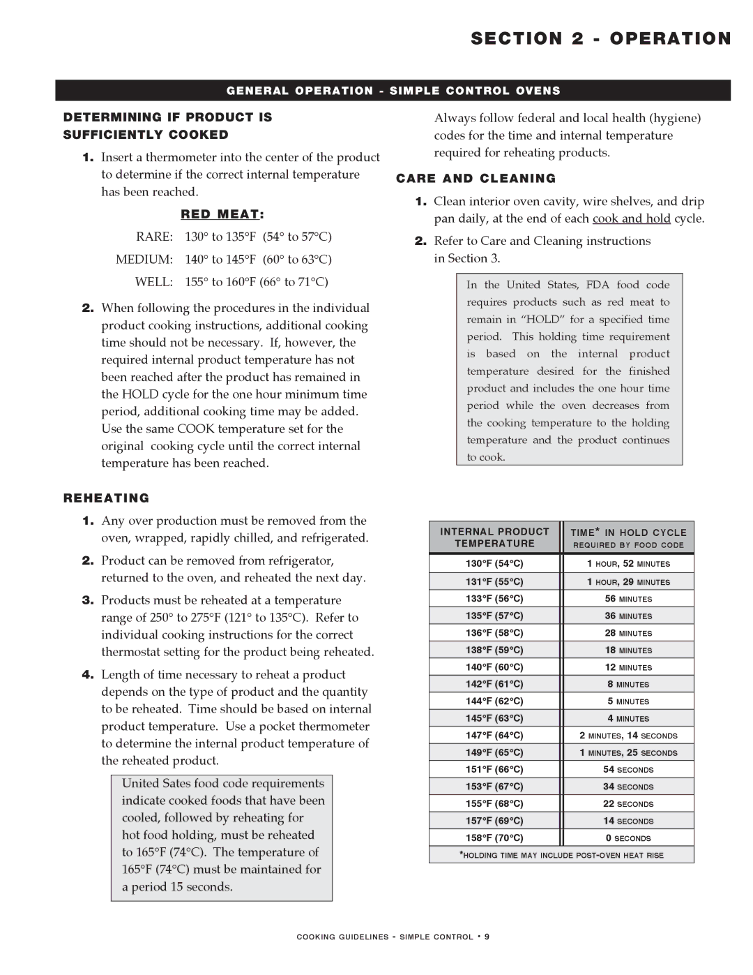 Alto-Shaam MN-29491 manual Determining if Product is Sufficiently Cooked, RED Meat, Reheating, Care and Cleaning 