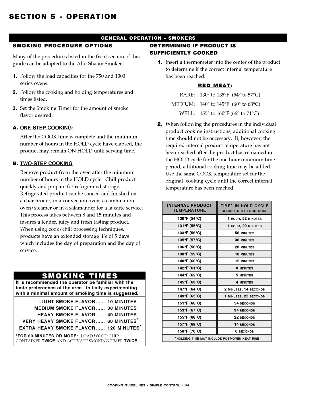 Alto-Shaam MN-29491 manual Smoking Procedure Options, ONE-STEP Cooking 