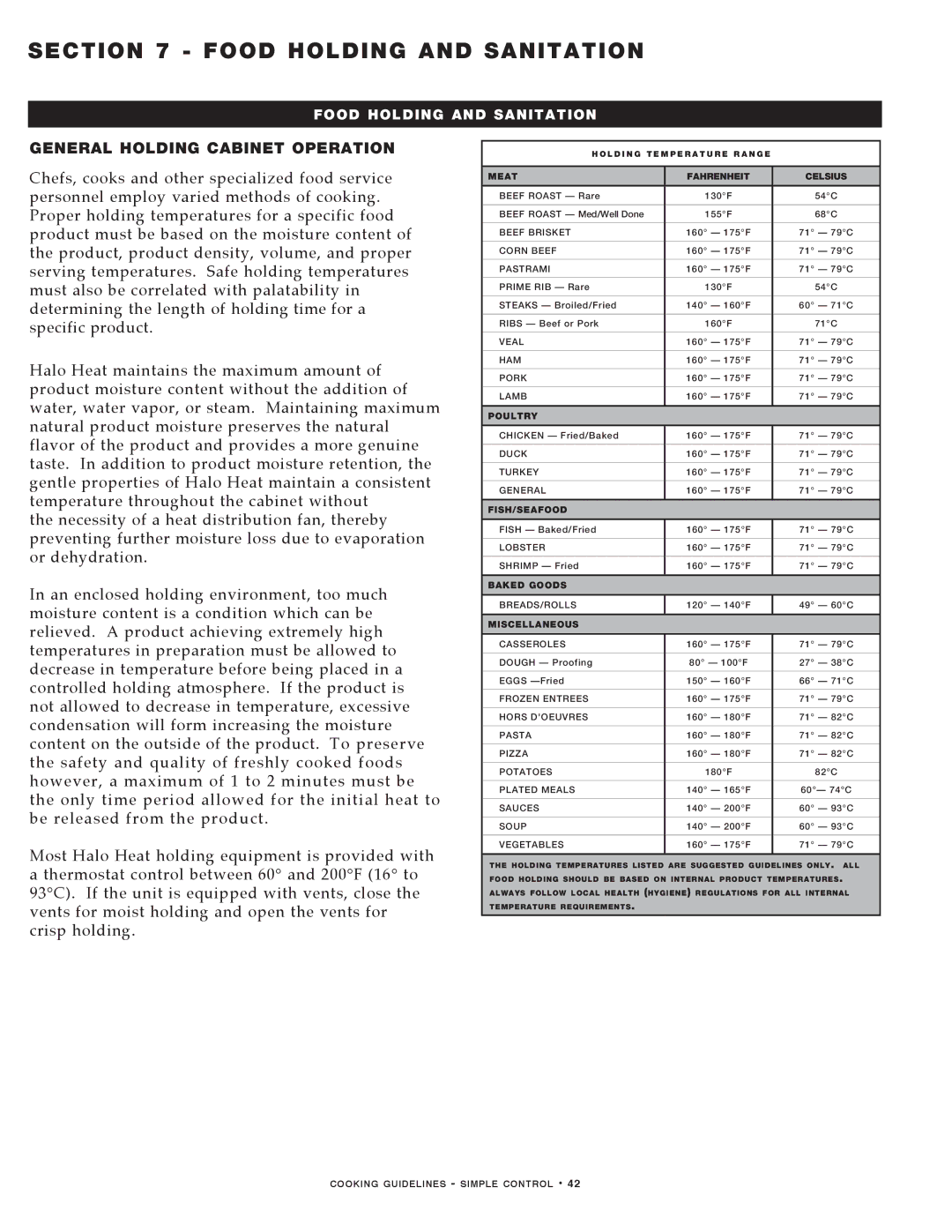 Alto-Shaam MN-29491 manual General Holding Cabinet Operation, Meat Fahrenheit Celsius 