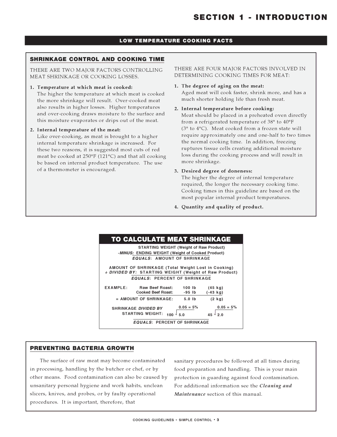 Alto-Shaam MN-29491 manual Shrinkage Control and Cooking Time, Preventing Bacteria Growth 