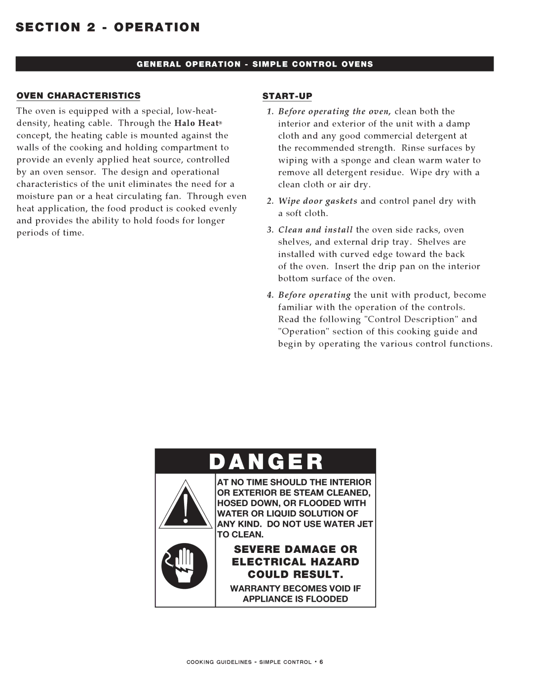 Alto-Shaam MN-29491 manual Operation, Oven Characteristics START-UP, Warranty Becomes Void if Appliance is Flooded 