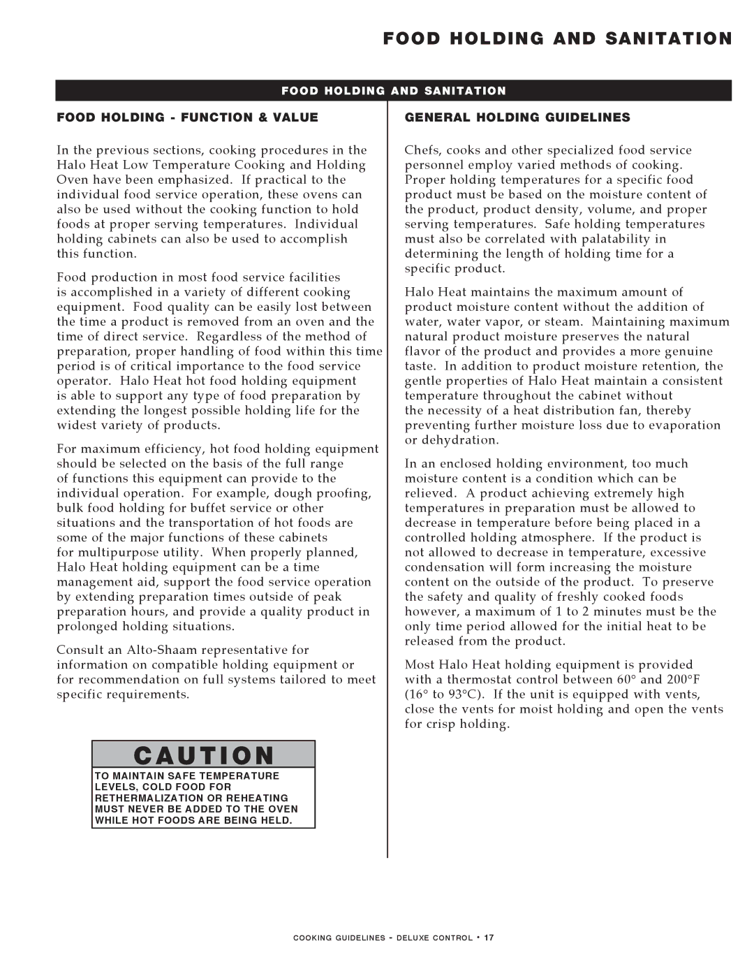 Alto-Shaam MN-29492 manual Food Holding Function & Value, General Holding Guidelines 