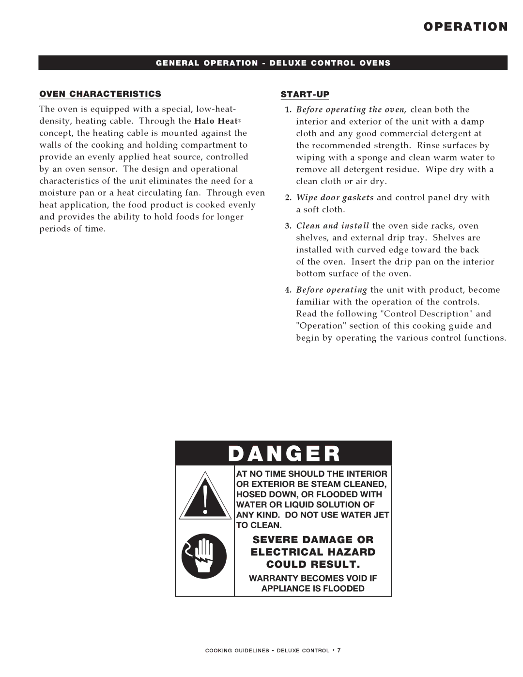 Alto-Shaam MN-29492 manual Operation, Oven Characteristics START-UP, Warranty Becomes Void if Appliance is Flooded 