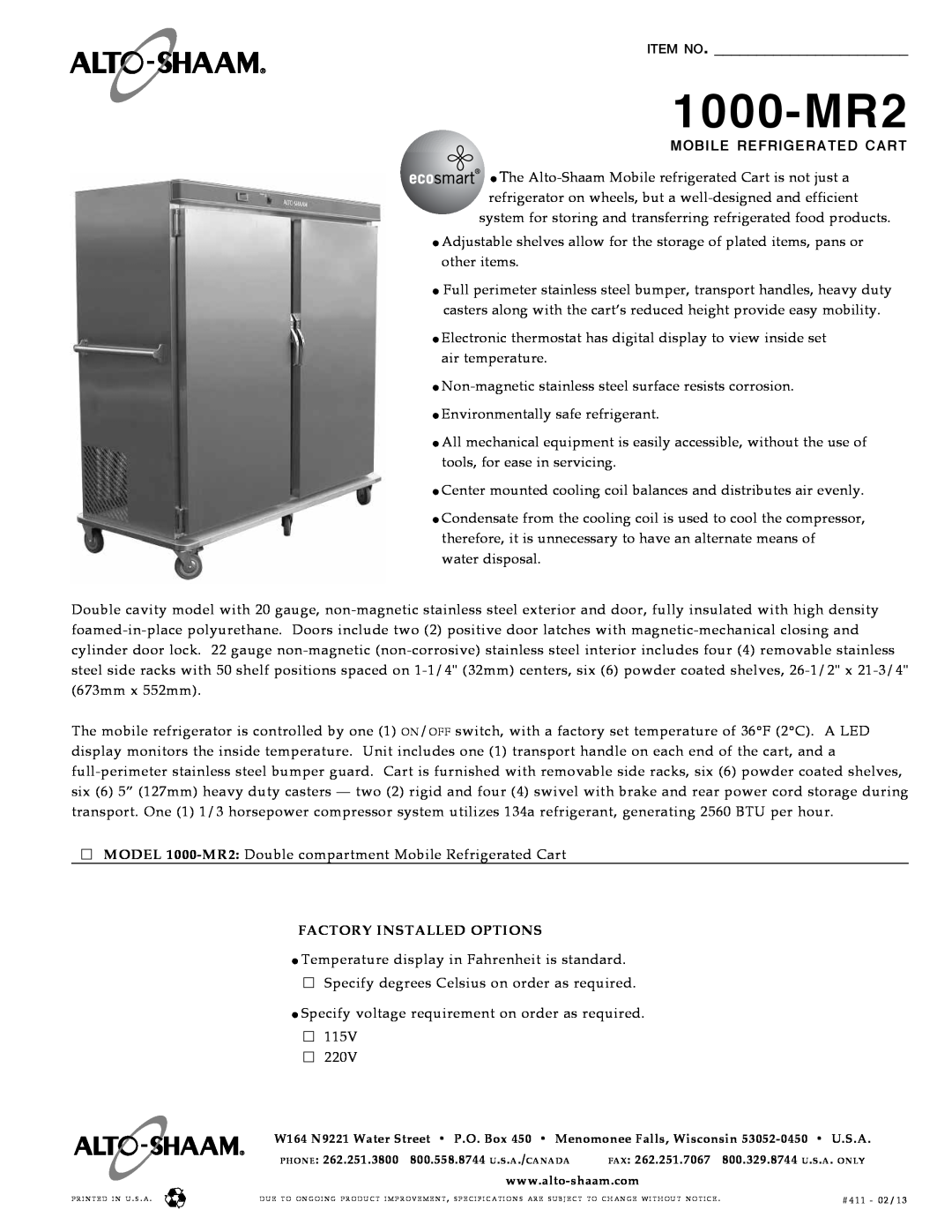 Alto-Shaam Mobile Refrigerated Cart manual 1000-MR2, Item No, mobile refrigerated cart, Factory installed Options 