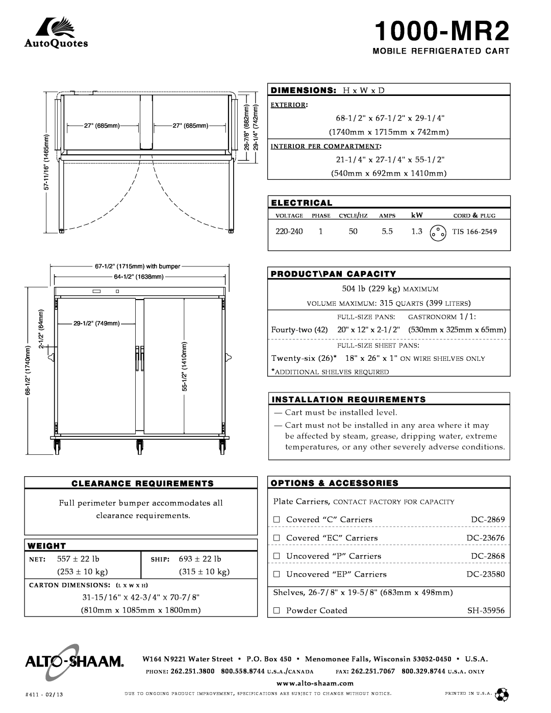 Alto-Shaam Mobile Refrigerated Cart manual 1000-MR2, mobile refrigerated cart, 220-240, net 557 ± 22 lb, ship 693 ± 22 lb 