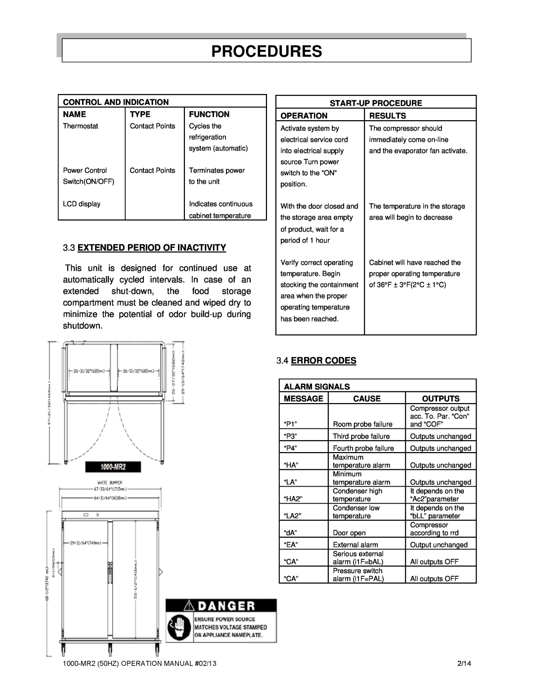 Alto-Shaam Mobile Refrigerated Cart manual Procedures, Extended Period Of Inactivity, Error Codes 
