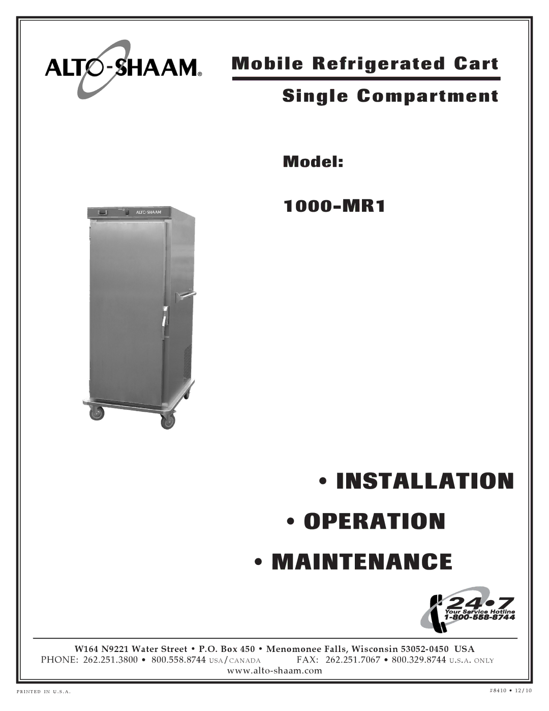 Alto-Shaam movile refrigerated cart single comartment, 1000-MR1 manual Installation Operation Maintenance 