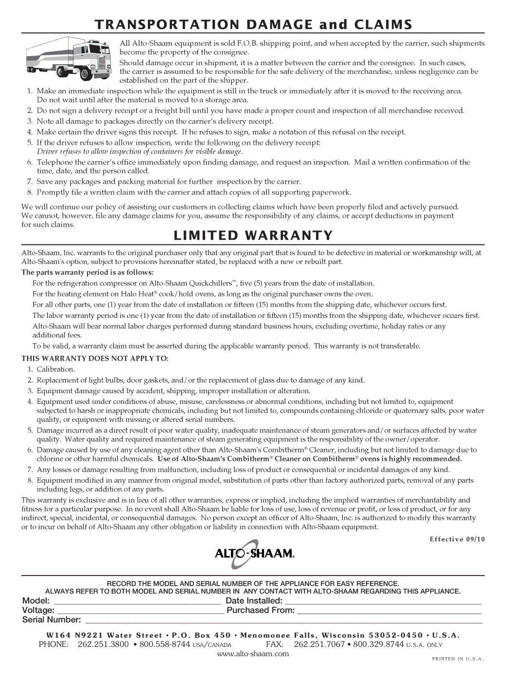 Alto-Shaam movile refrigerated cart single comartment, 1000-MR1 manual Limited Warranty 