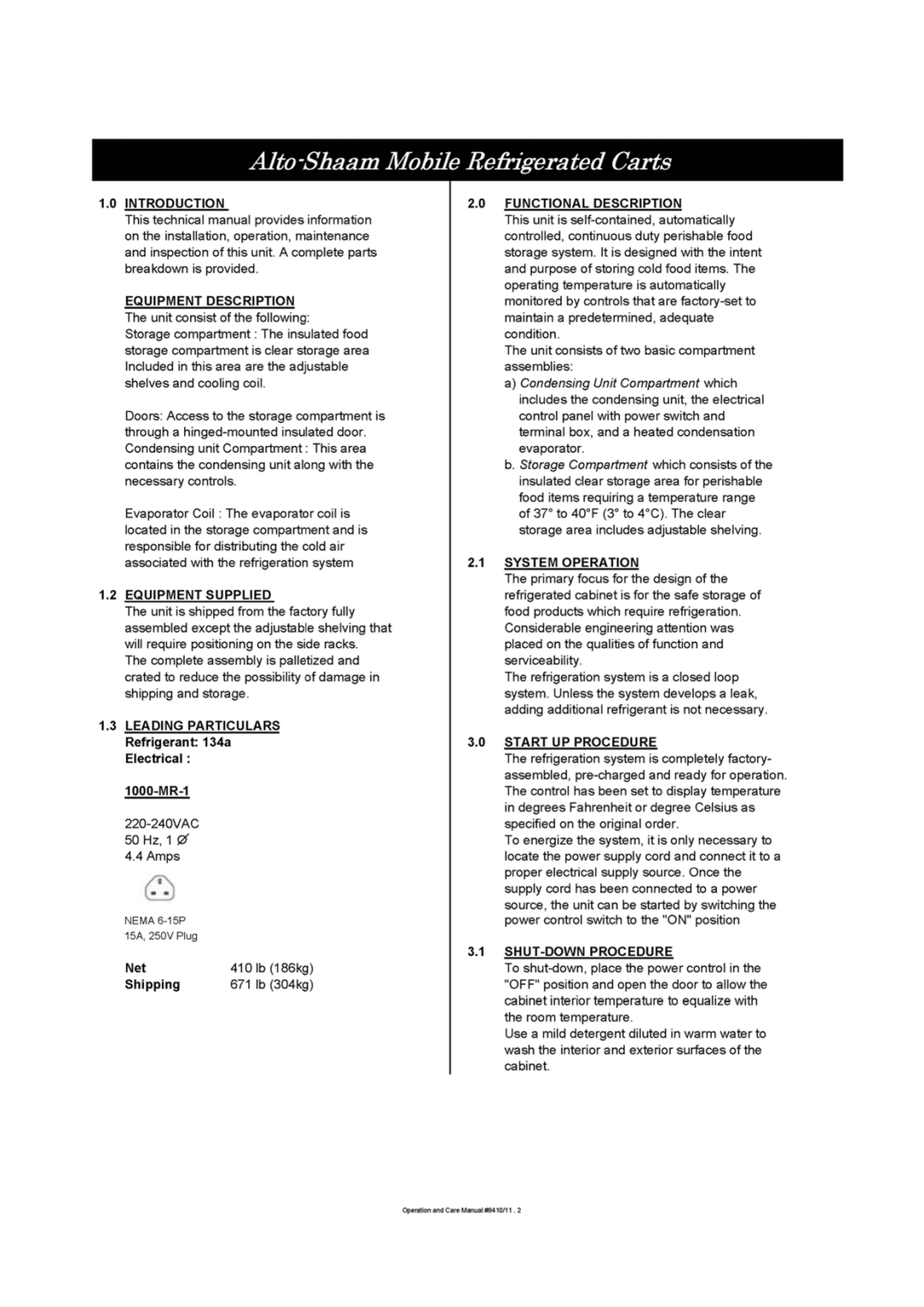 Alto-Shaam 1000-MR1, movile refrigerated cart single comartment manual 