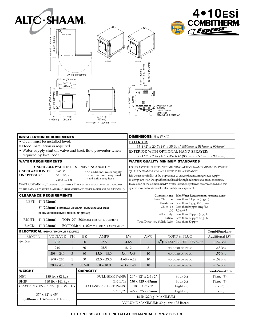 Alto-Shaam Oven / Steamer CT Express manual Hood installation is required 