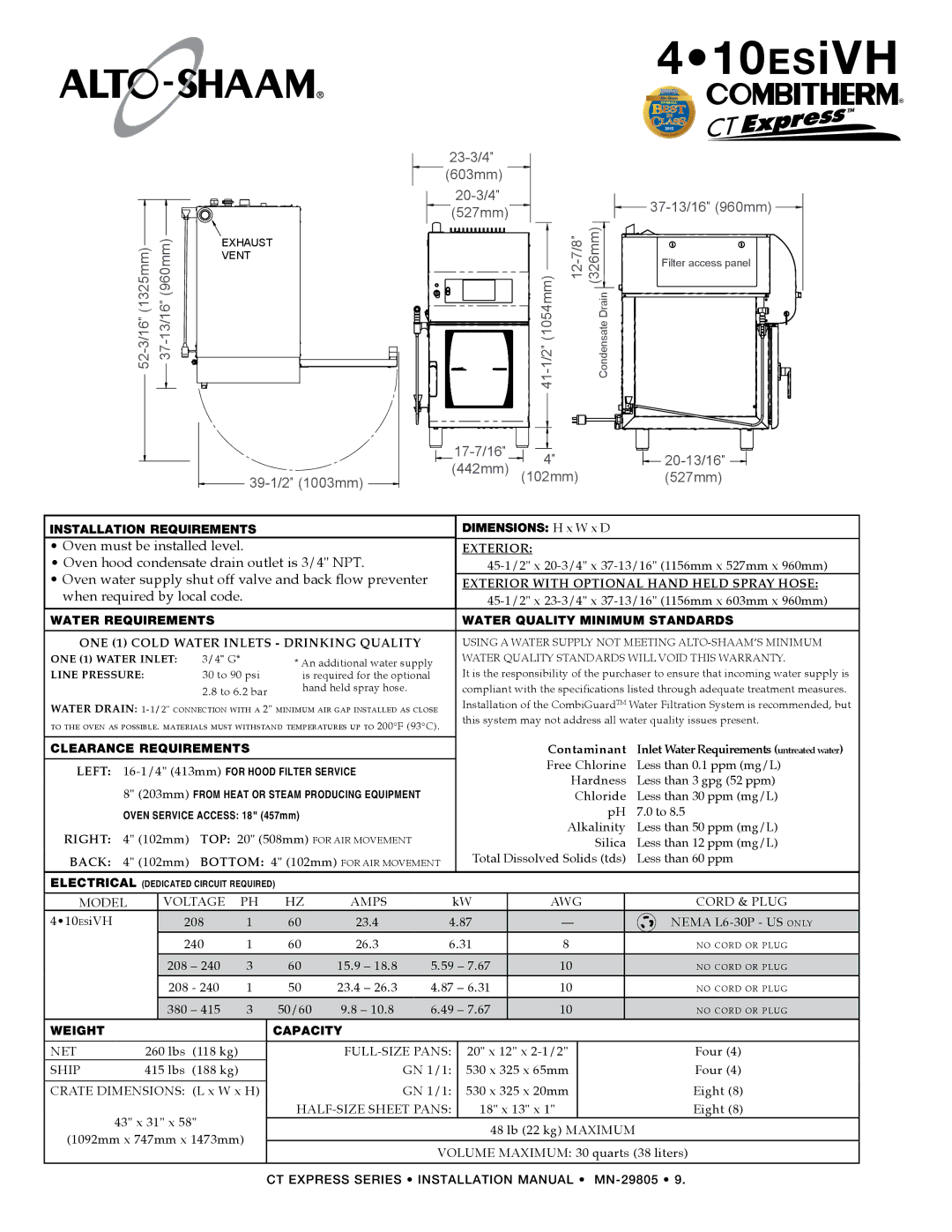 Alto-Shaam Oven / Steamer CT Express manual 410esiVH, Oven water supply shut off valve and back flow preventer 