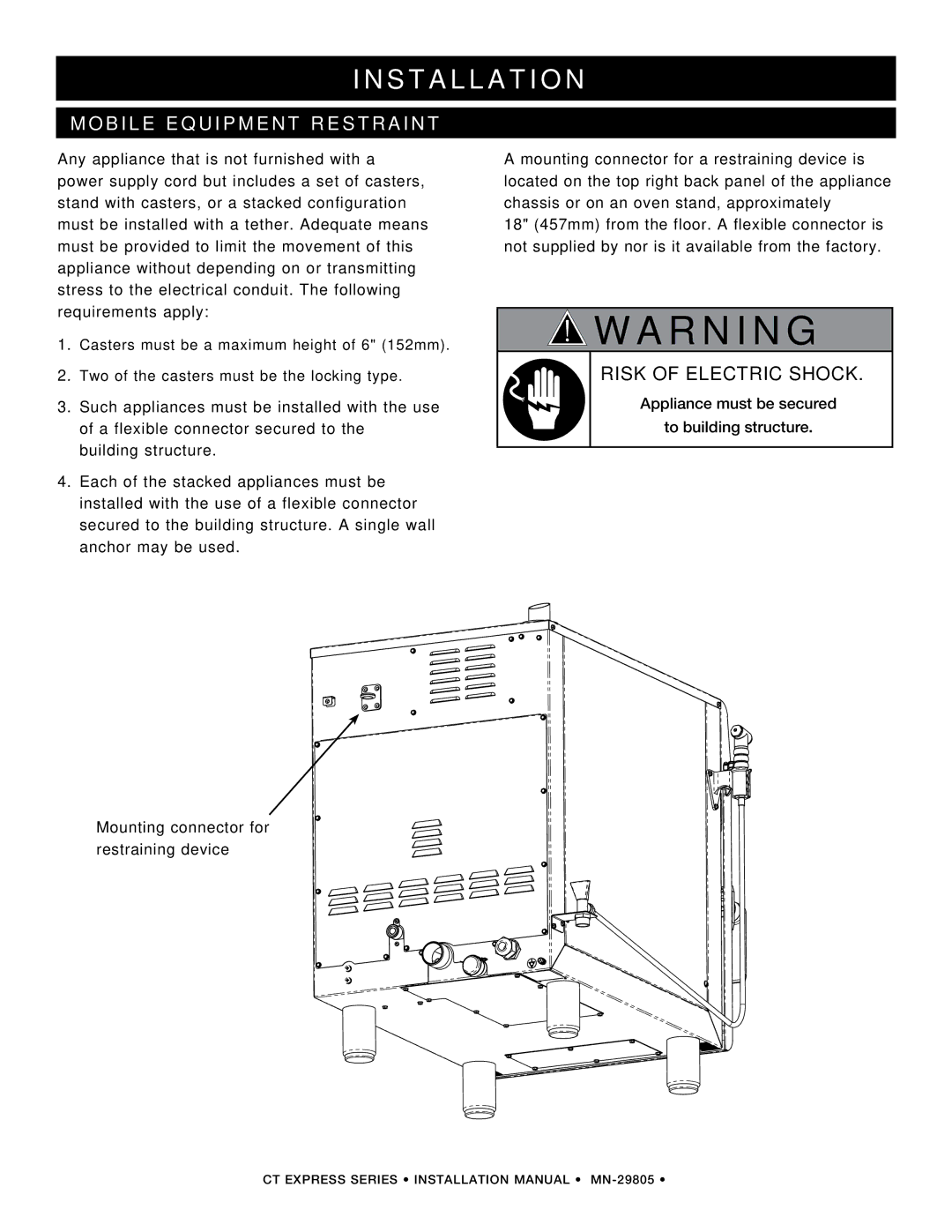 Alto-Shaam Oven / Steamer CT Express manual Obile equipment restraint, Risk of electric shock 