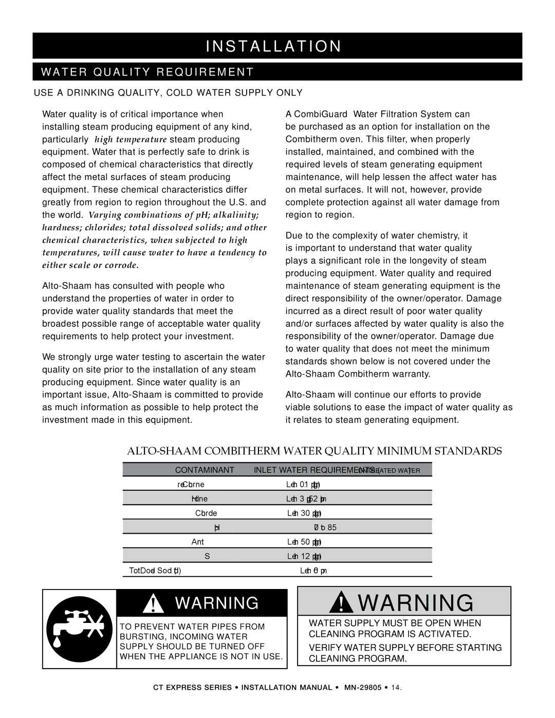 Alto-Shaam Oven / Steamer CT Express manual Water quality requirement, Use a drinking quality, cold water supply only 