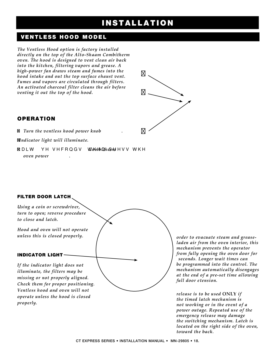 Alto-Shaam Oven / Steamer CT Express manual Ventless hood model, Operation, Filter door latch, Indicator light 