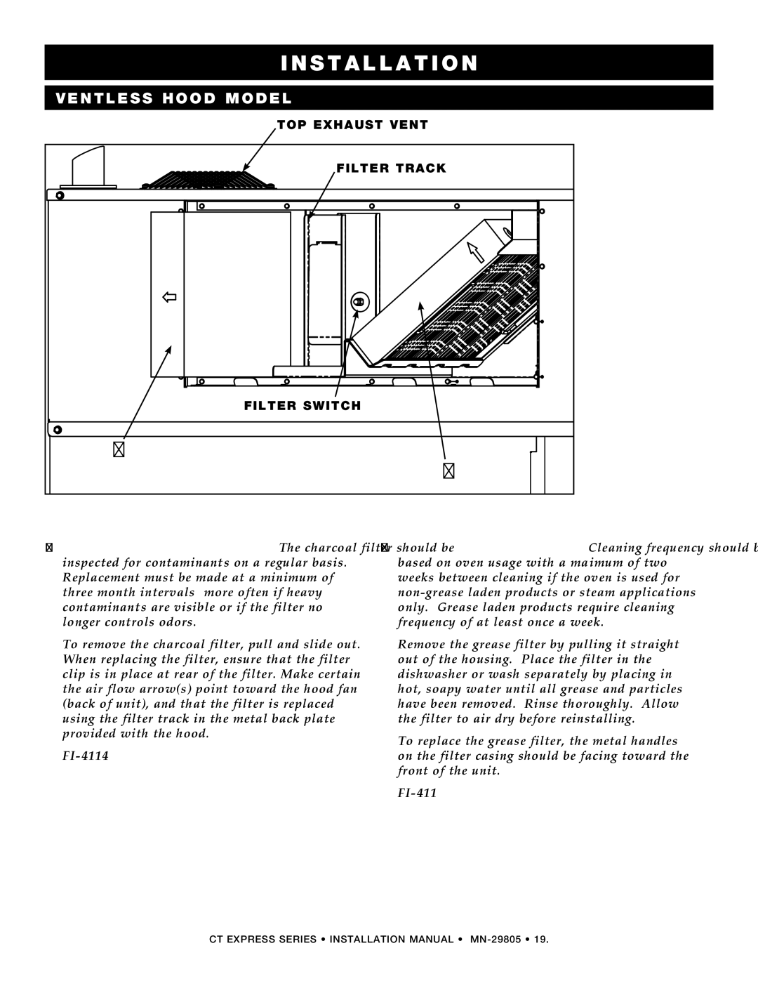 Alto-Shaam Oven / Steamer CT Express manual Top exhaust vent, Filter track, Filter switch 