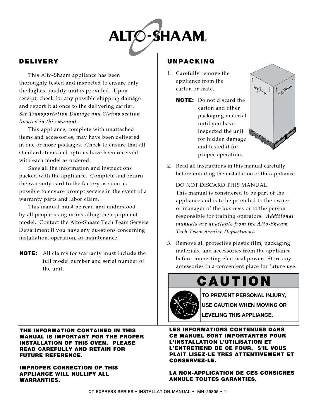 Alto-Shaam Oven / Steamer CT Express manual L i v e r y, P a c k i n g 