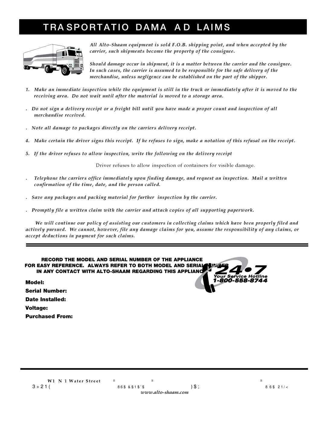 Alto-Shaam Oven / Steamer CT Express manual TRansportation damage and claims 