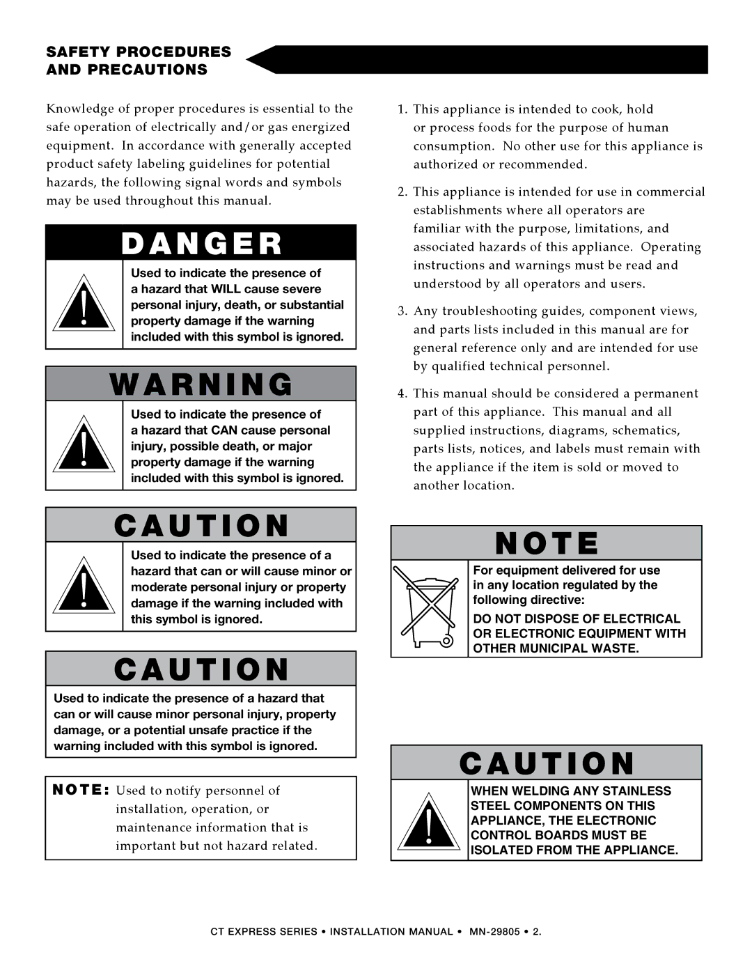 Alto-Shaam Oven / Steamer CT Express manual N g e r, Safety procedures and precautions 