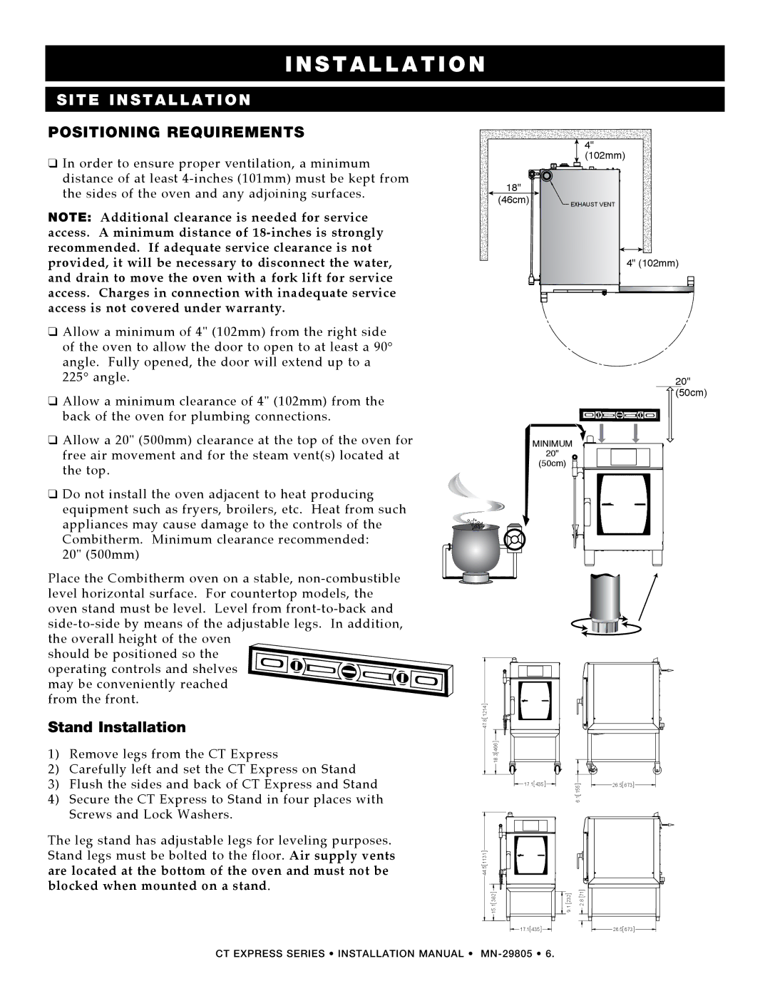 Alto-Shaam Oven / Steamer CT Express manual Positioning requirements, Stand Installation 