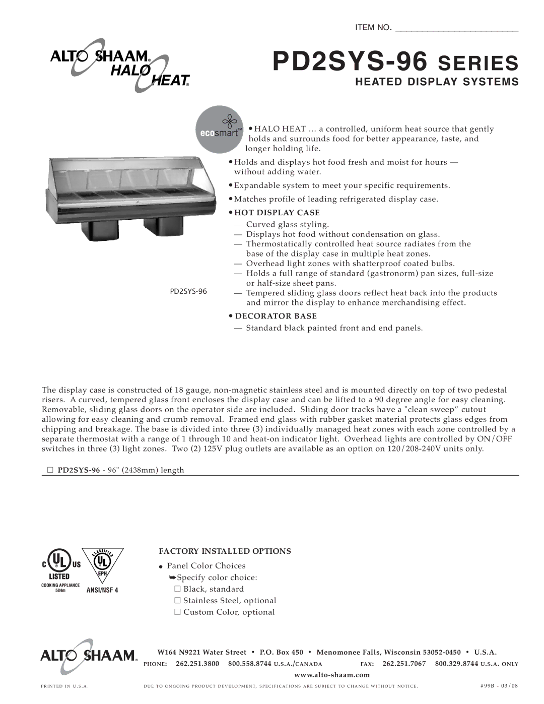 Alto-Shaam PD2SYS-96 specifications HOT DI Splay C ASE, Decorator Base, Factory Installed Options 