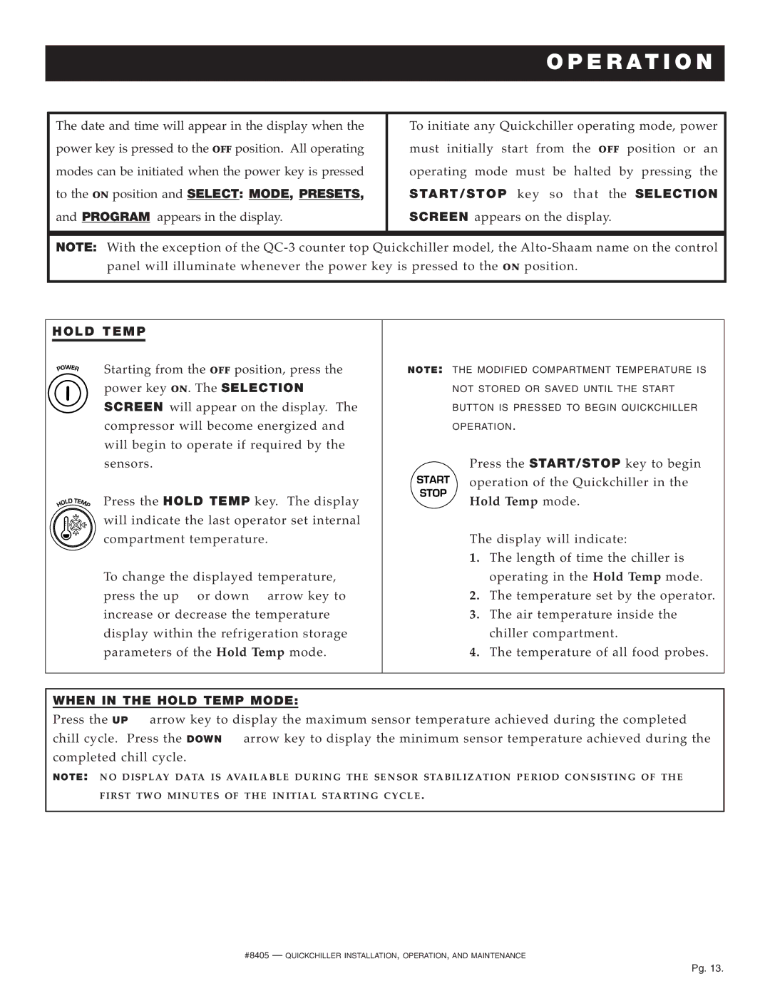Alto-Shaam QC-3, QC-50 REMOTE, QC-40 ST AR T/S TOP key so tha t the Selecti on, Hol D Tem P, When in the Hold Temp Mode 