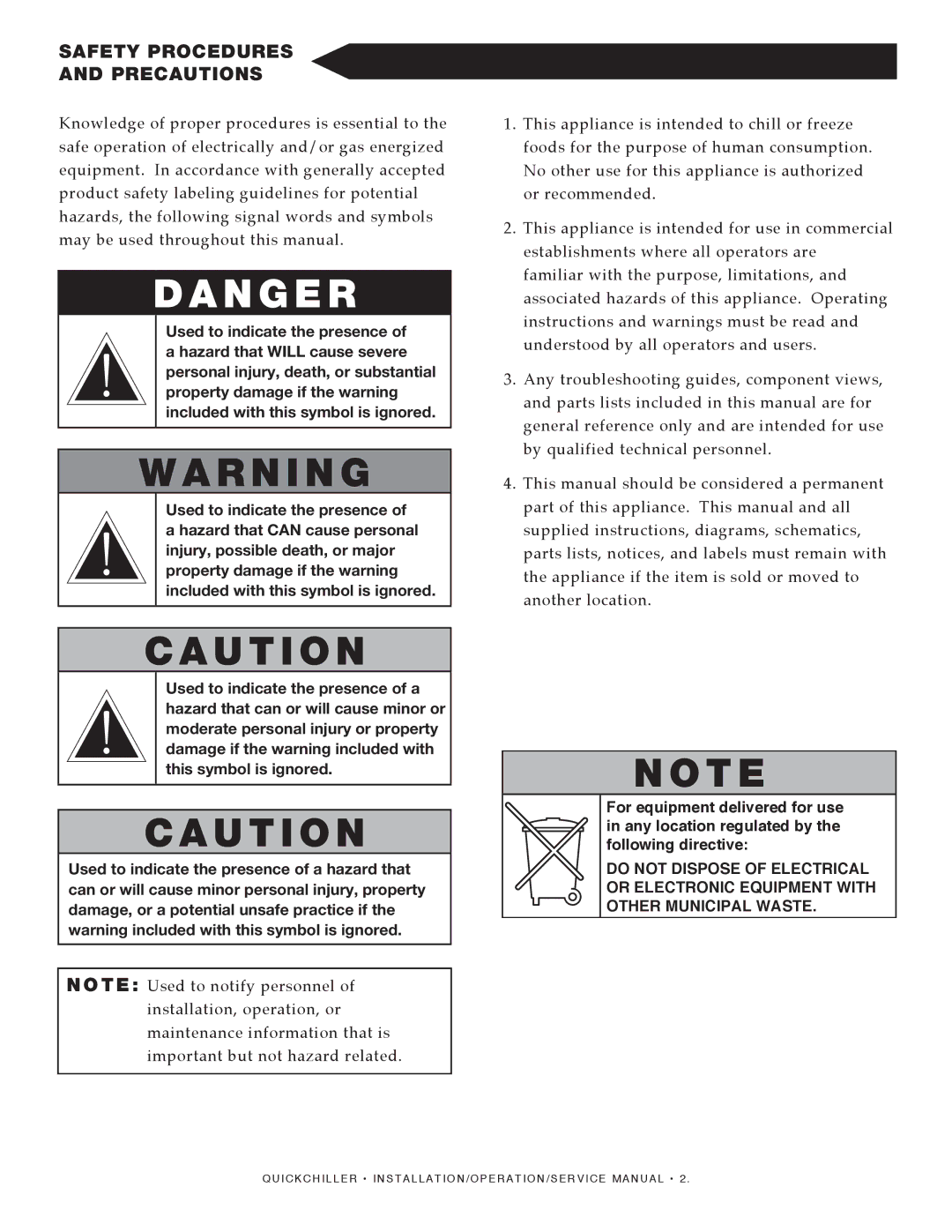 Alto-Shaam QC-3/QC-20/QC-40/QC-50/QC-50 Remote/QC-100/Qc-100 Remote manual N G E R, Safety Procedures Precautions 