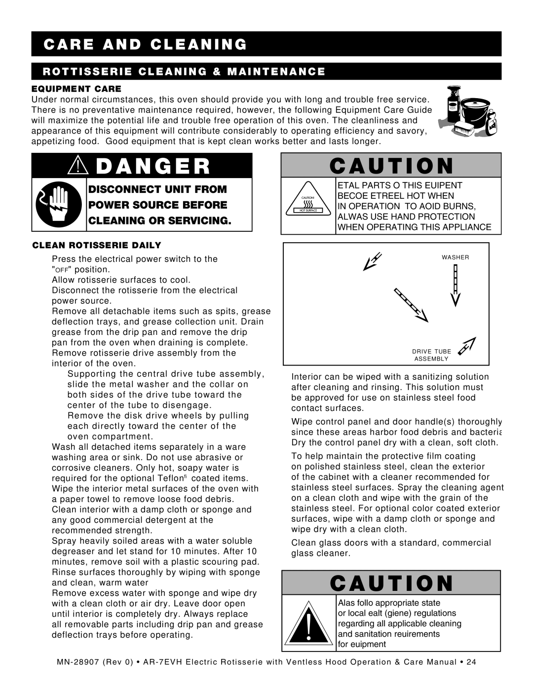 Alto-Shaam ar-7evh, rotisserie electric with ventless hood manual Rottisserie Cleaning & Maintenance, Equipment Care 