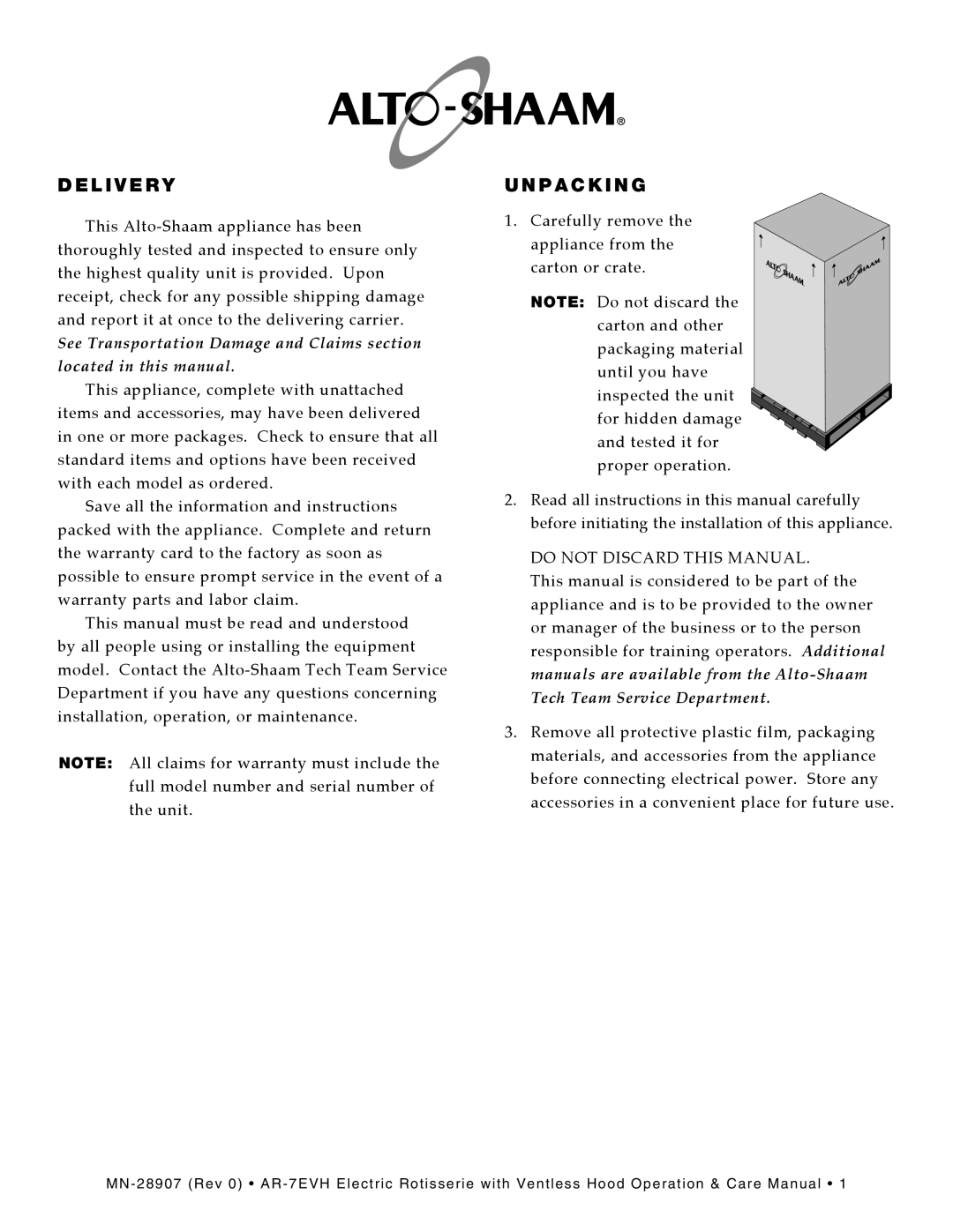Alto-Shaam rotisserie electric with ventless hood, ar-7evh manual L I V E R Y, P a C K I N G 