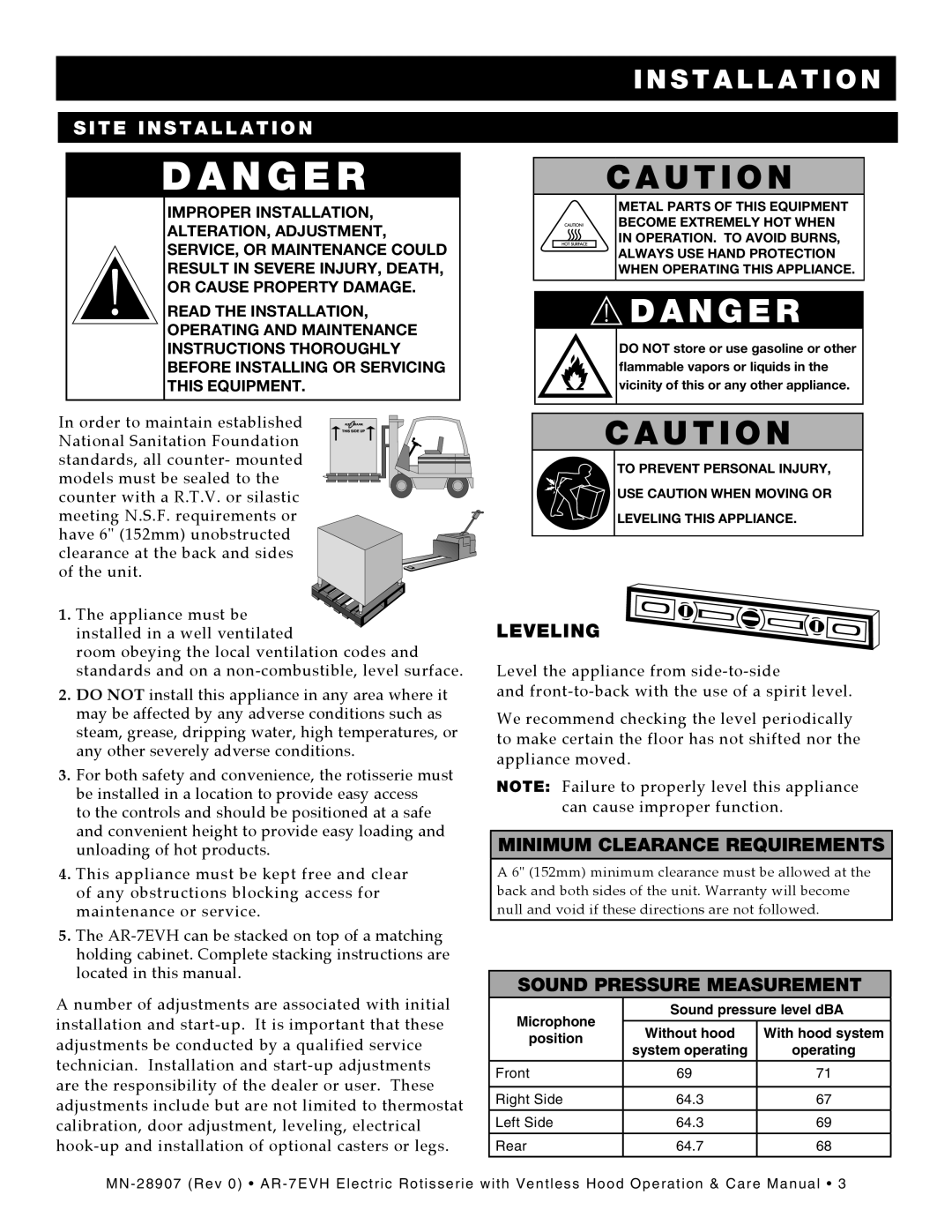 Alto-Shaam rotisserie electric with ventless hood, ar-7evh Site Installation, Leveling, Minimum Clearance Requirements 