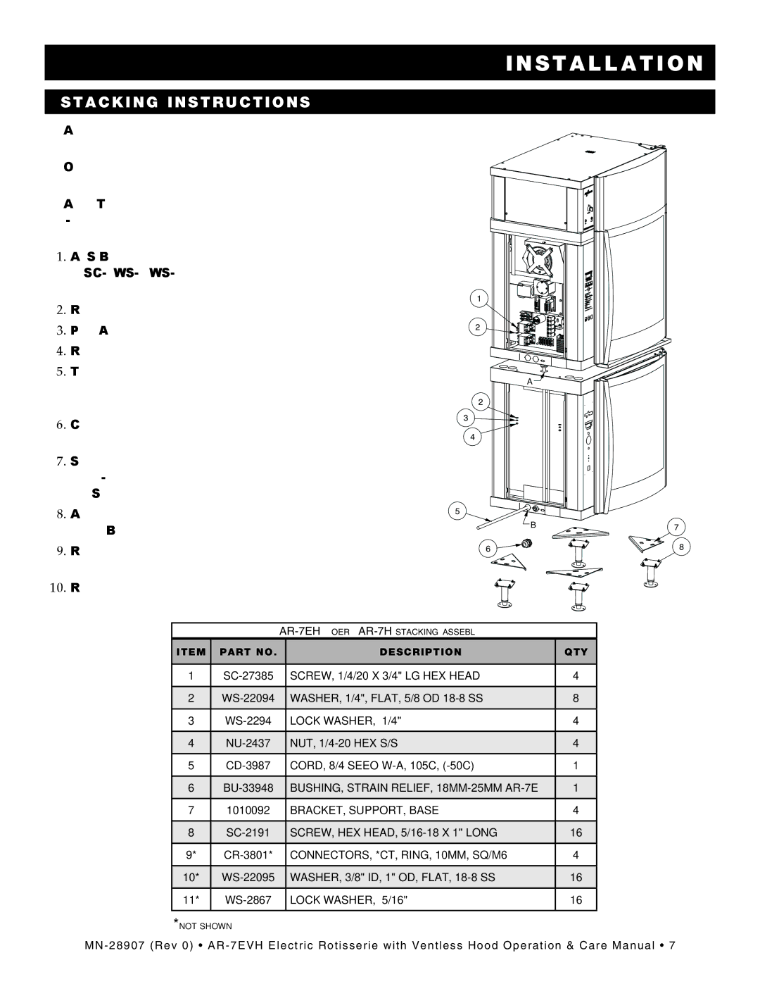 Alto-Shaam rotisserie electric with ventless hood, ar-7evh manual Stacking Instructions, Lock WASHER, 5/16 