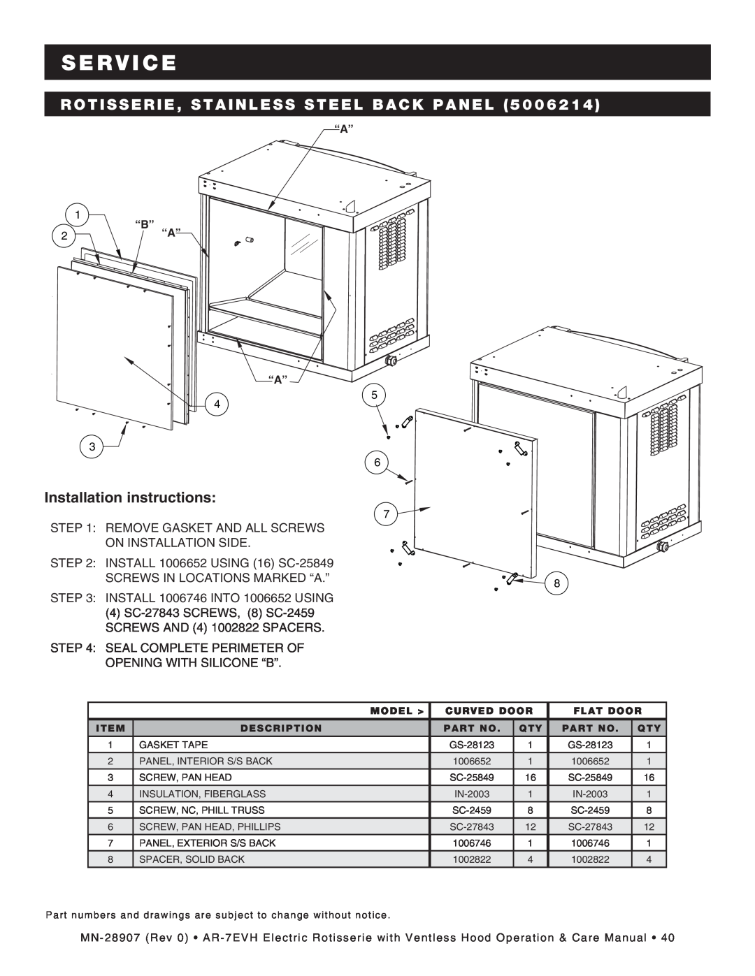 Alto-Shaam ar-7evh manual Rotisserie, Stainless Steel Back Panel, Installation instructions, S E R V I C E 
