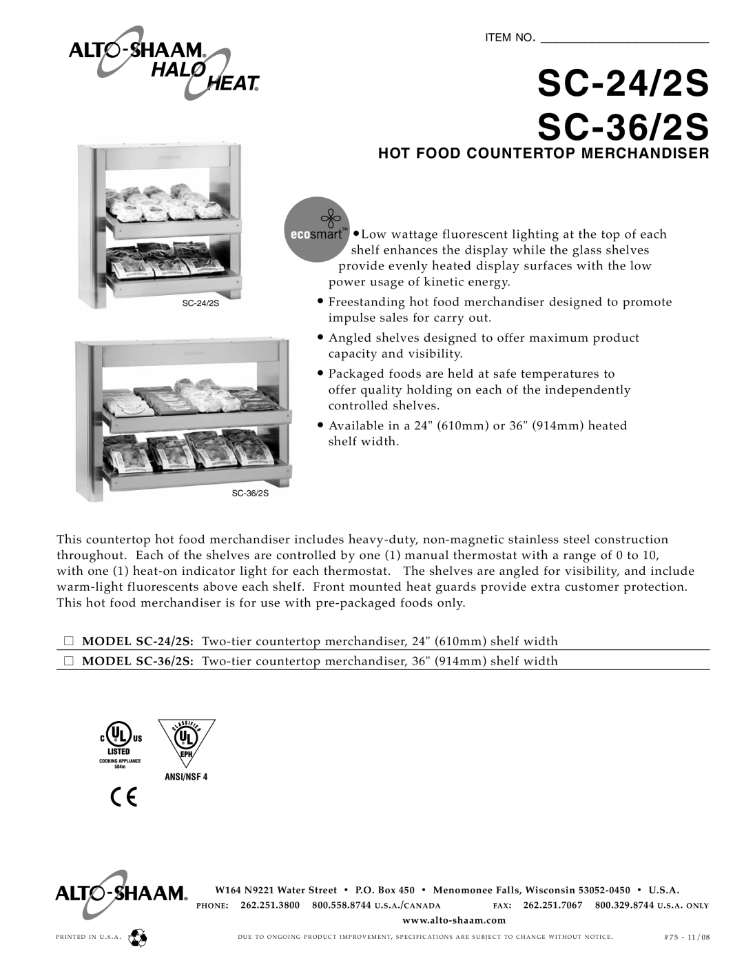 Alto-Shaam specifications SC-24/2S SC-36/2S, Item No, Hot Food Countertop Merchandiser 