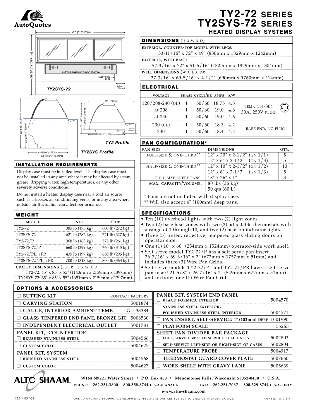 Alto-Shaam TY2-72 SERIES Butting KIT, Carving Station, GAUGE, in Terior Ambien T TE MP, Inde Penden T Elect Rical Outl ET 