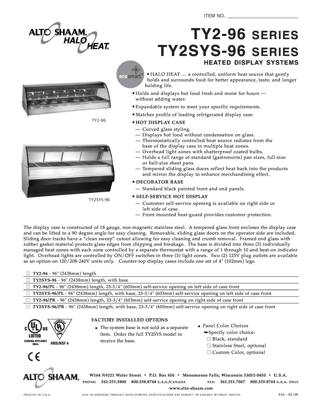 Alto-Shaam TY2SYS-96 specifications TY2-96 SERIES TY2S YS-96 SERIES, Item No, Heated Display Syste Ms 