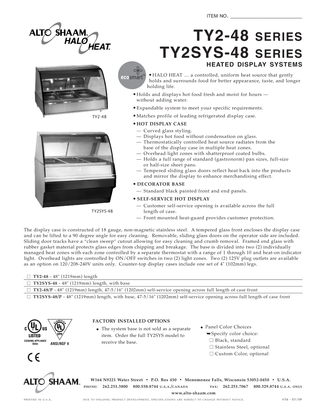 Alto-Shaam TY2-48 specifications HOT Displ AY Case, Decorator Base, SELF-SE Rvice HOT Disp LAY, Factory Installed Options 