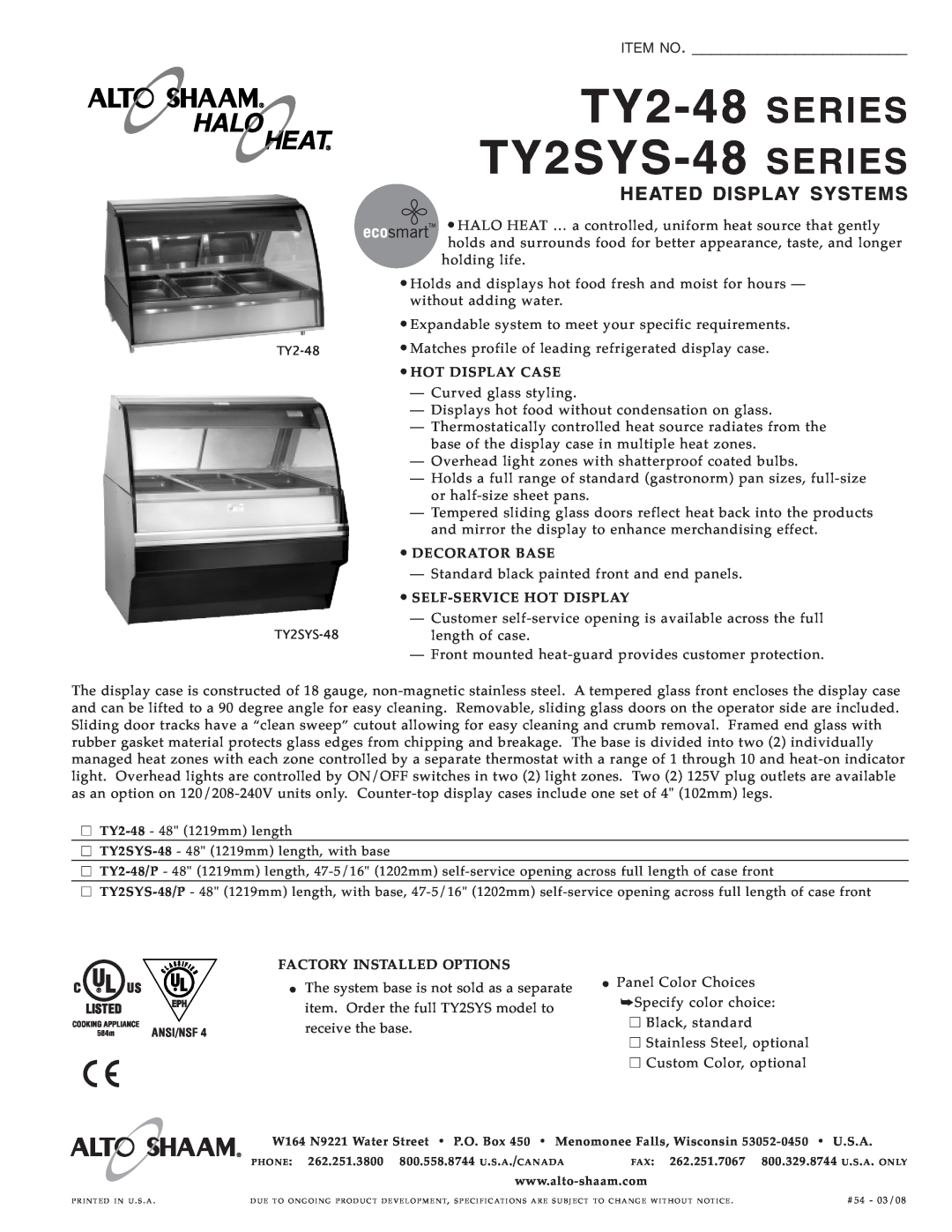 Alto-Shaam TY2SYS-48 specifications TY2-48 SERIES TY2S YS-48 SERIES, Item No, Heated Display Syste Ms 