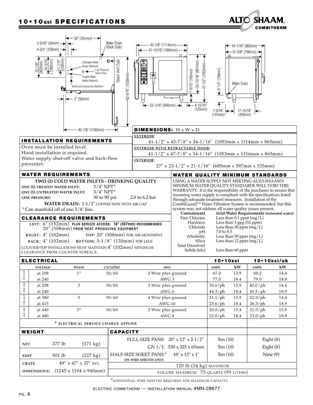 Alto-Shaam 7.14 manual 1 0 ESi Specification S, INS TA LL Ation Requiremen TS, Cleara NCE Requ Irem Ents, Weight CAP Acit Y 