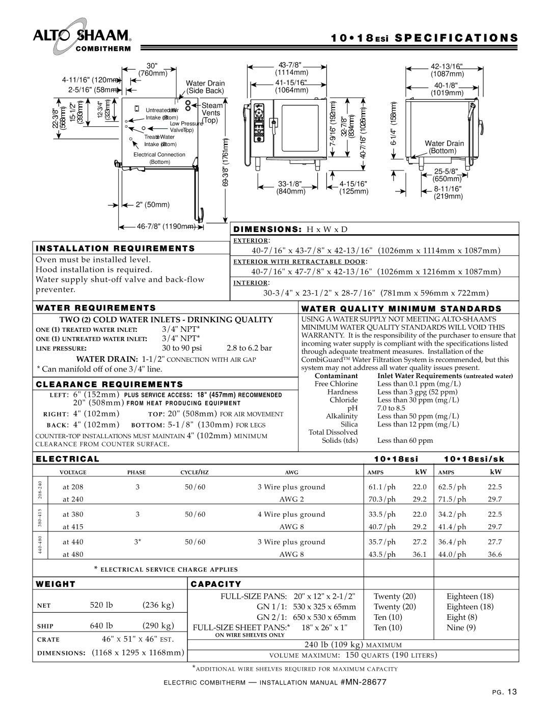 Alto-Shaam 10.10, VHes-10, VHes-5, 10.18, 7.14, 20.20 manual 1 8 ES i Specification S, 10 18 ES 101 8 E S i/sk 