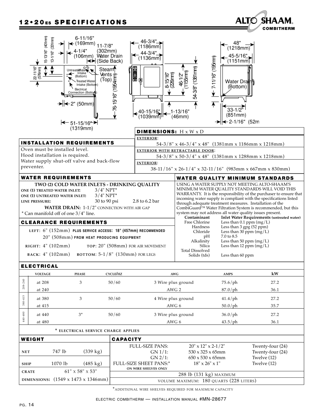 Alto-Shaam 7.14 2 0 ES Specification S, Water R EQU Irements Wate R QU Alit Y MI NI MUM Stand Ards, WEI GHT Capa City 