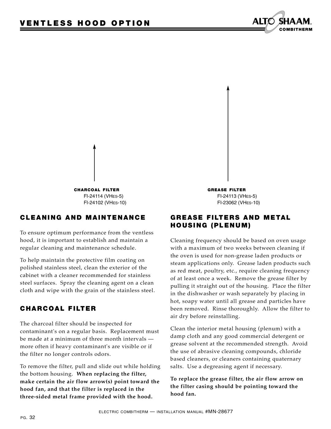 Alto-Shaam 7.14, VHes-10 manual CL Eaning and Maint Enance, CH Arcoal Filter, Grea SE F Ilters AN D ME TAL HOU SIN G PLE NUM 