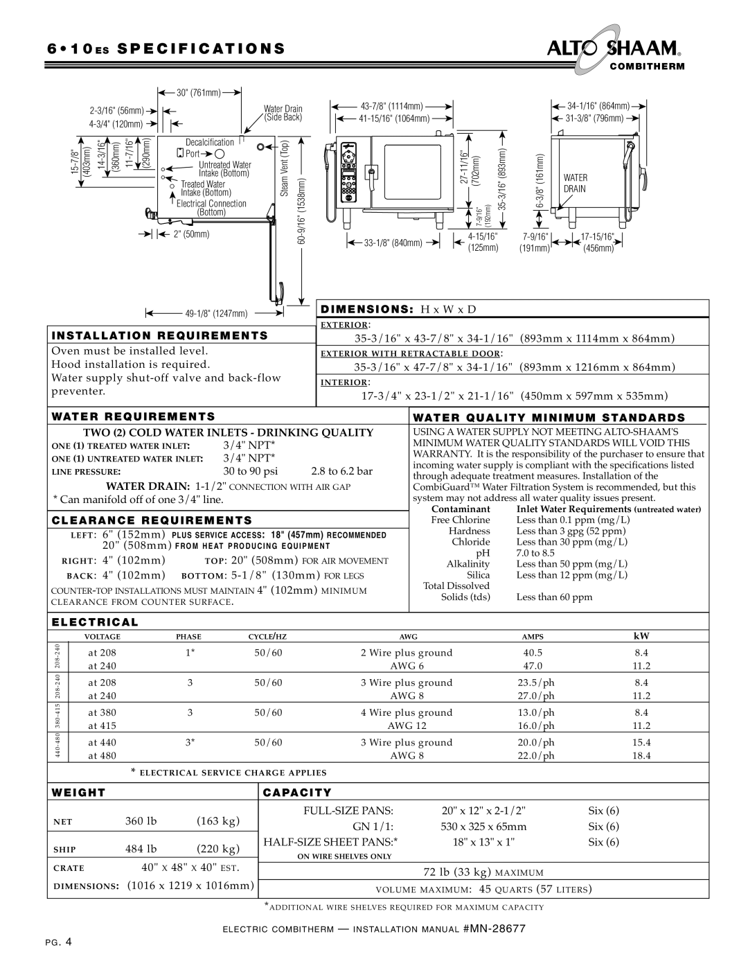 Alto-Shaam VHes-10, VHes-5, 10.18, 10.10 ES Specification S, Clear AN CE RE Quirem Ents, Elec TR IC AL, Wei Ght Ca Pa Cit Y 