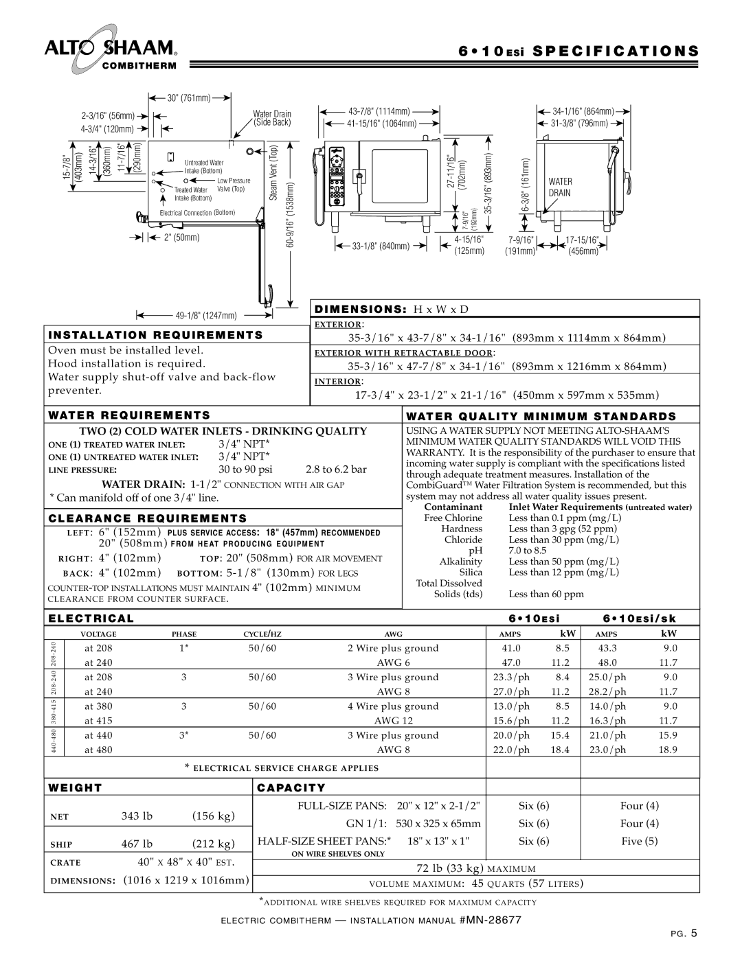 Alto-Shaam VHes-5, VHes-10, 10.18 ESi Specification S, Water R EQU Irements, CL EAR AN CE RE Quirements, WEI GHT Capa CIT Y 