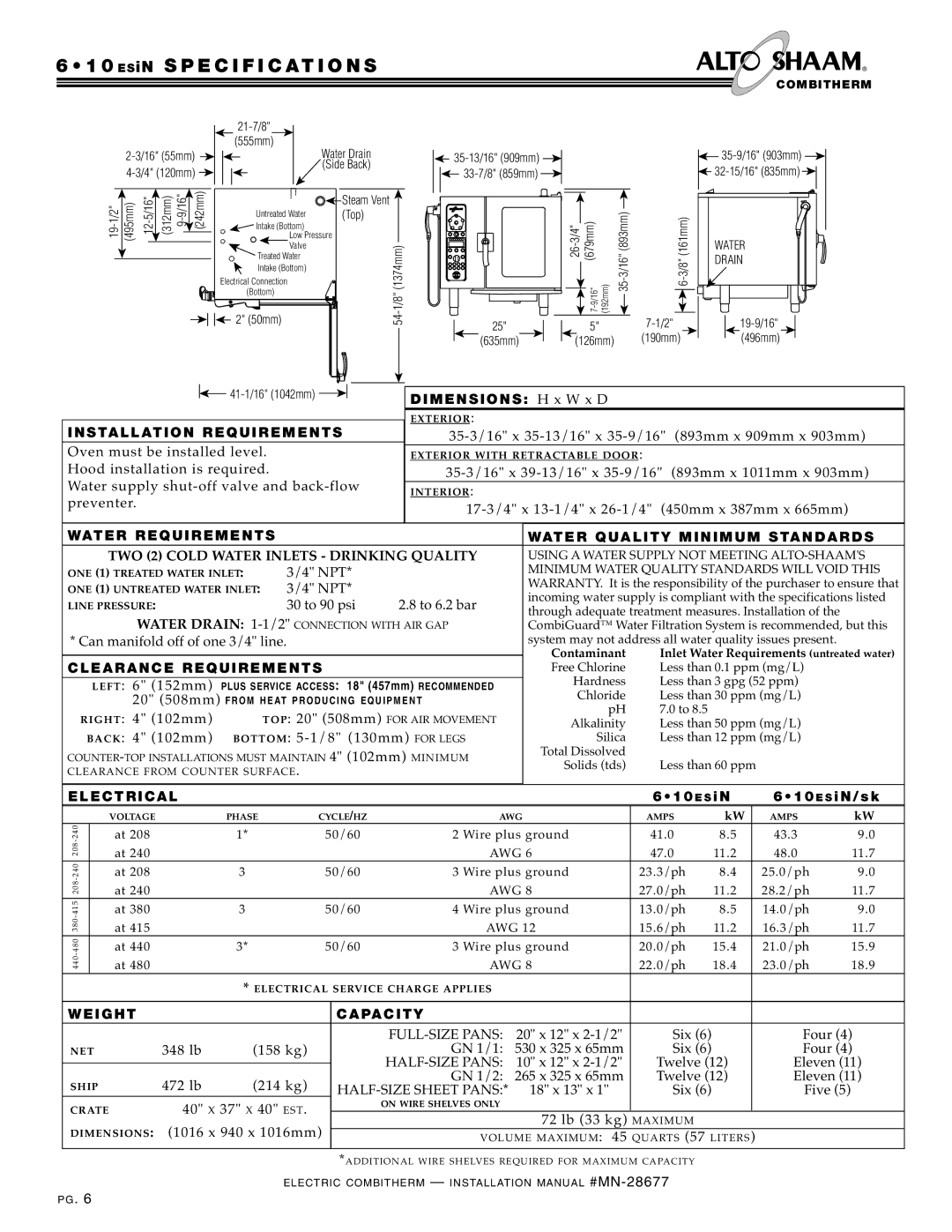 Alto-Shaam 10.18, VHes-10, VHes-5, 10.10, 7.14, 20.20 manual ESiN Specification S 