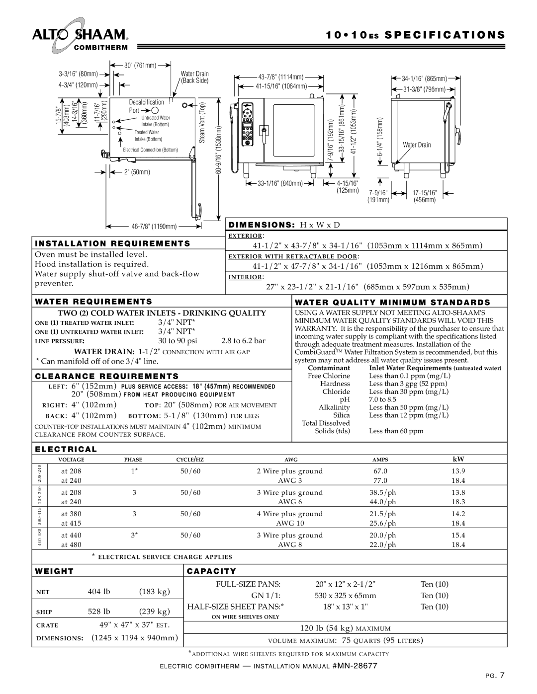 Alto-Shaam 10.10, VHes-10 1 0 ES Specification S, Dime NS IO NS H x W x D, Stal LAT ION R Equirements, Weight CA Pacit Y 